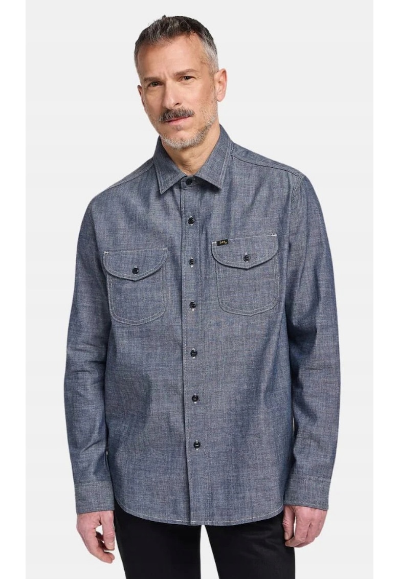 Camasa barbati - denim chambray - bumbac - albastru - maneca scurta - fermoar si nasturi