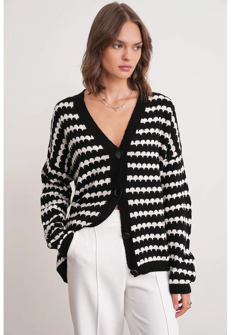Cardigan dama - supradimensionat - cu nasturi - negru - tricotat -