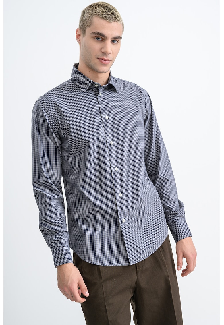 Camasa din bumbac cu model in carouri - Albastru prafuit/Bleumarin