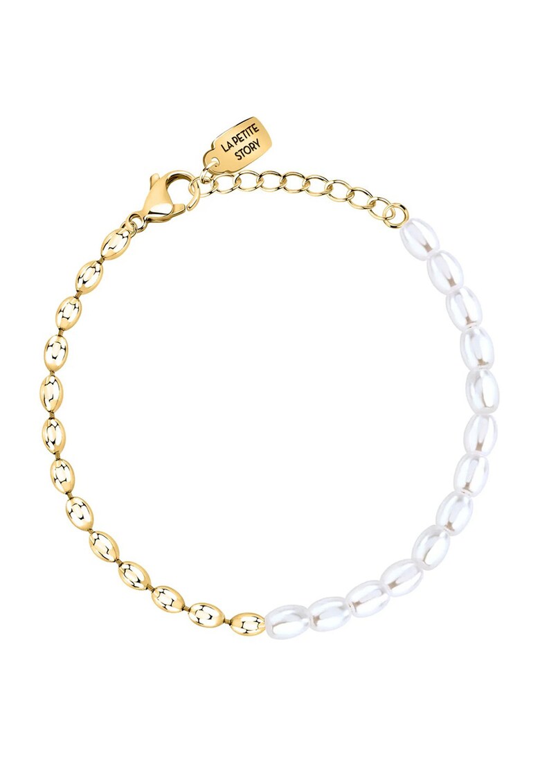 Bratar din otel cu perla sintetica - Alb/Auriu