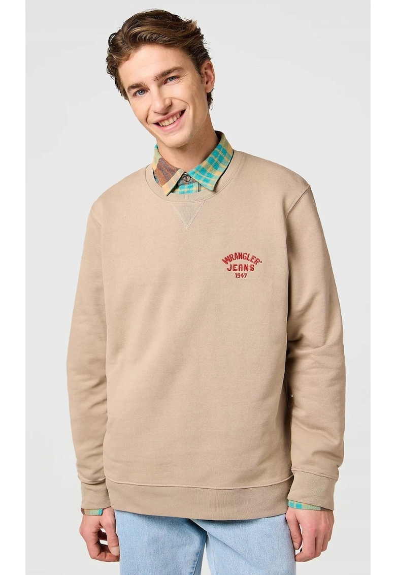 Hanorac barbati - Crewneck - bej cu logo mic - bumbac 100%