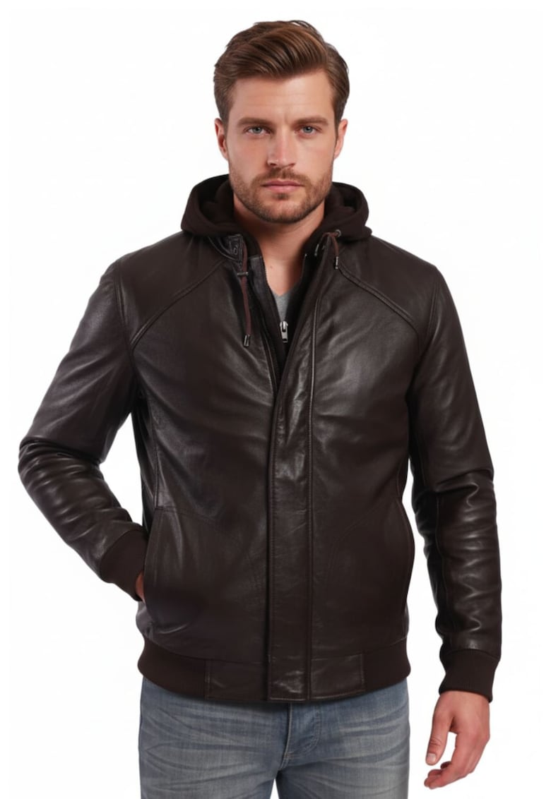 Jacheta din piele cu gluga Benedeton -