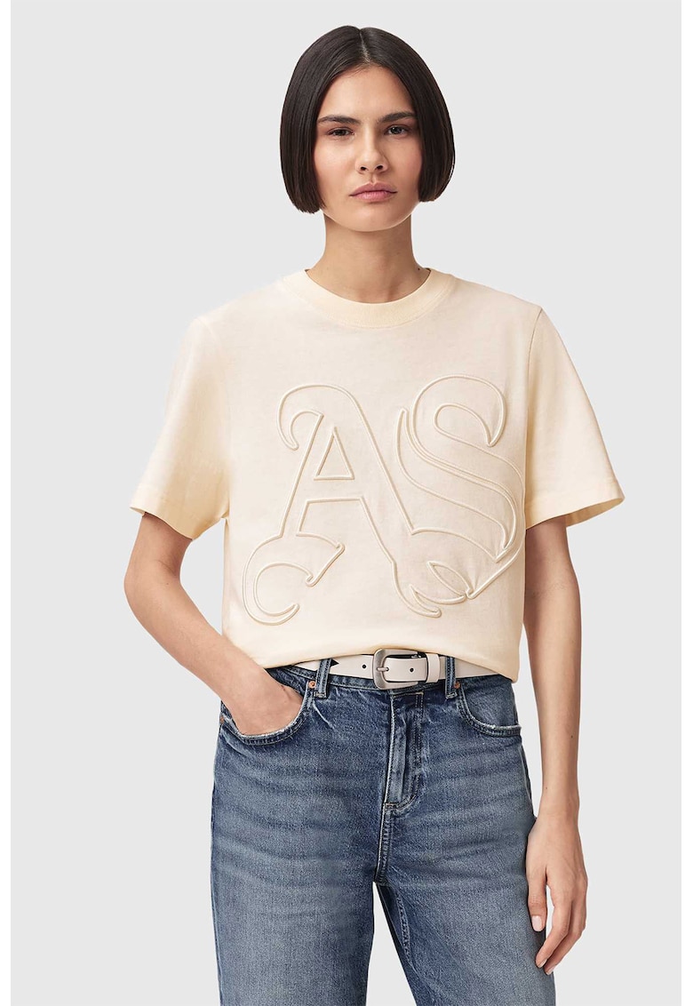 Tricou cu decolteu la baza gatului si logo brodat - Crem