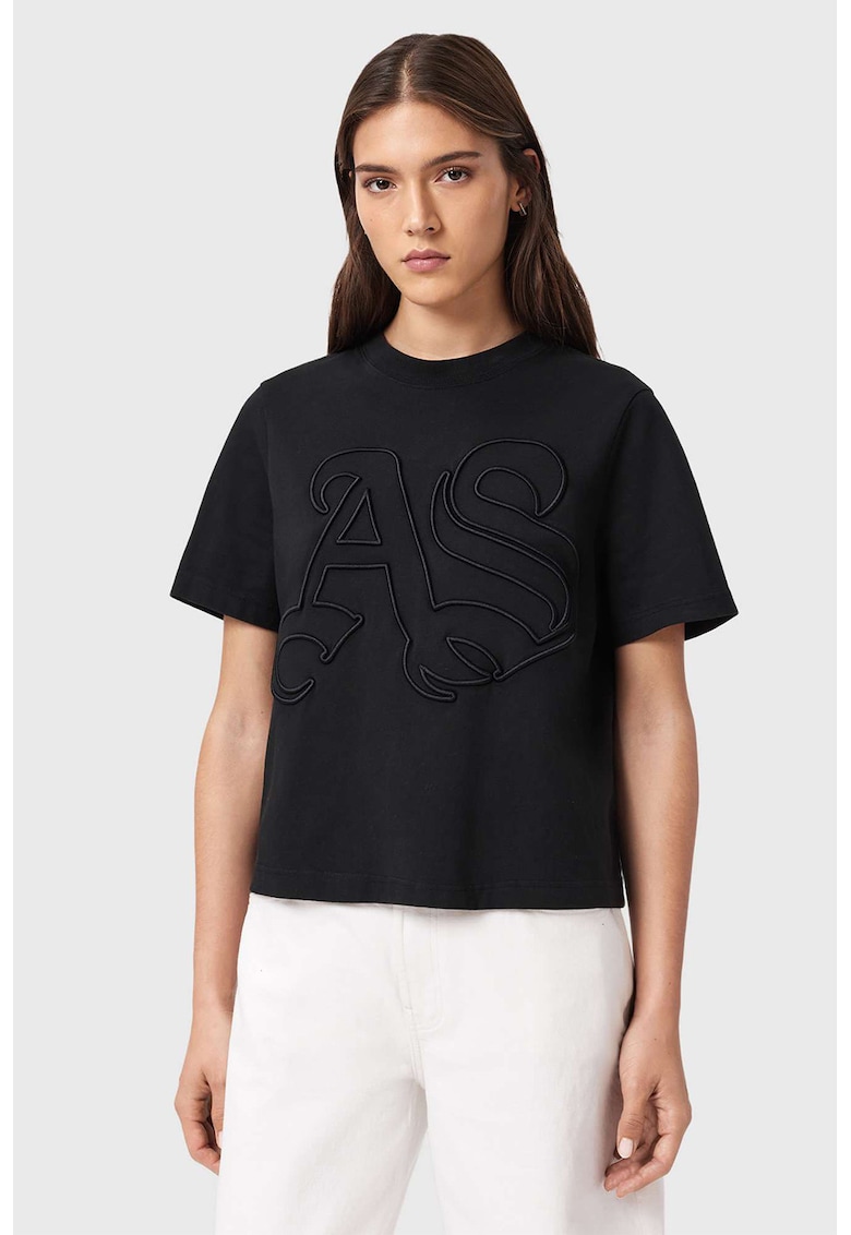 Tricou cu decolteu la baza gatului si logo brodat - Negru