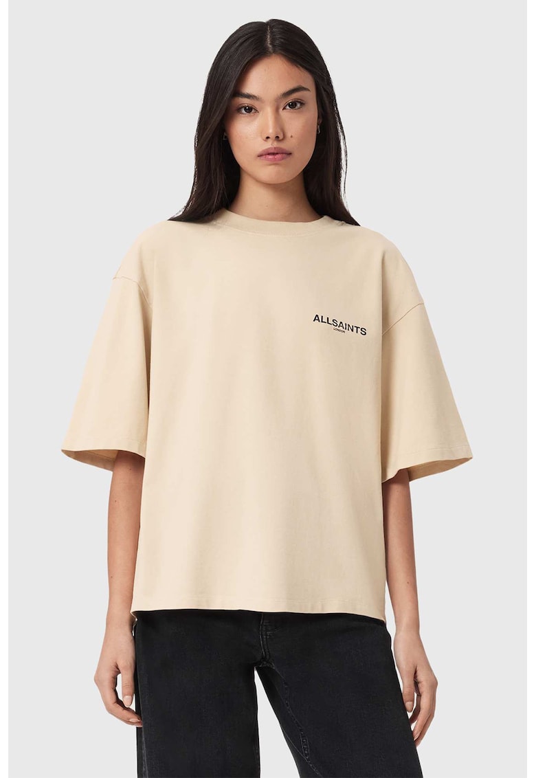 Tricou cu model grafic si decolteu la baza gatului - Negru/Maro nisip