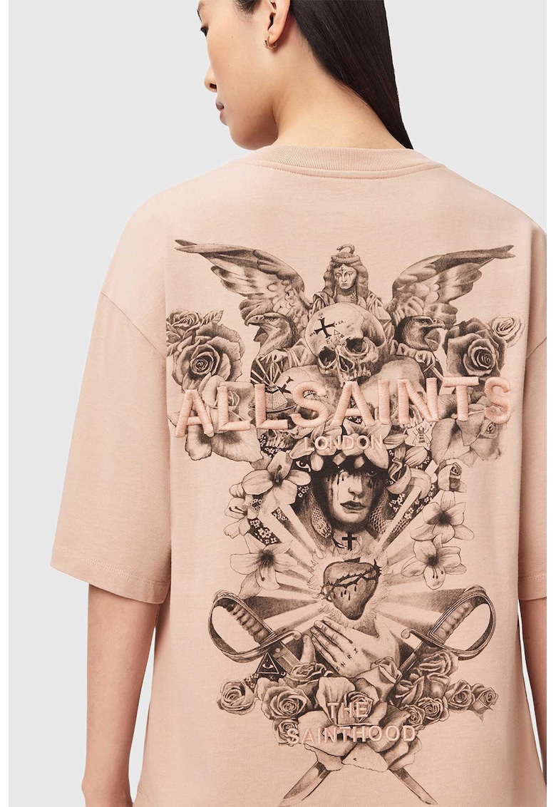 Tricou supradimensionat cu imprimeu si broderie logo - Roz prafuit