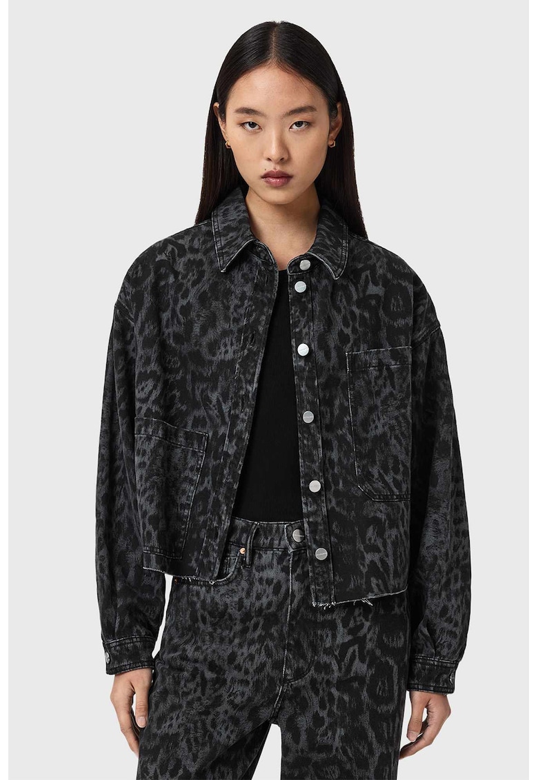 Jacheta din denim si amestec de lyocell cu animal print - Negru/Gri