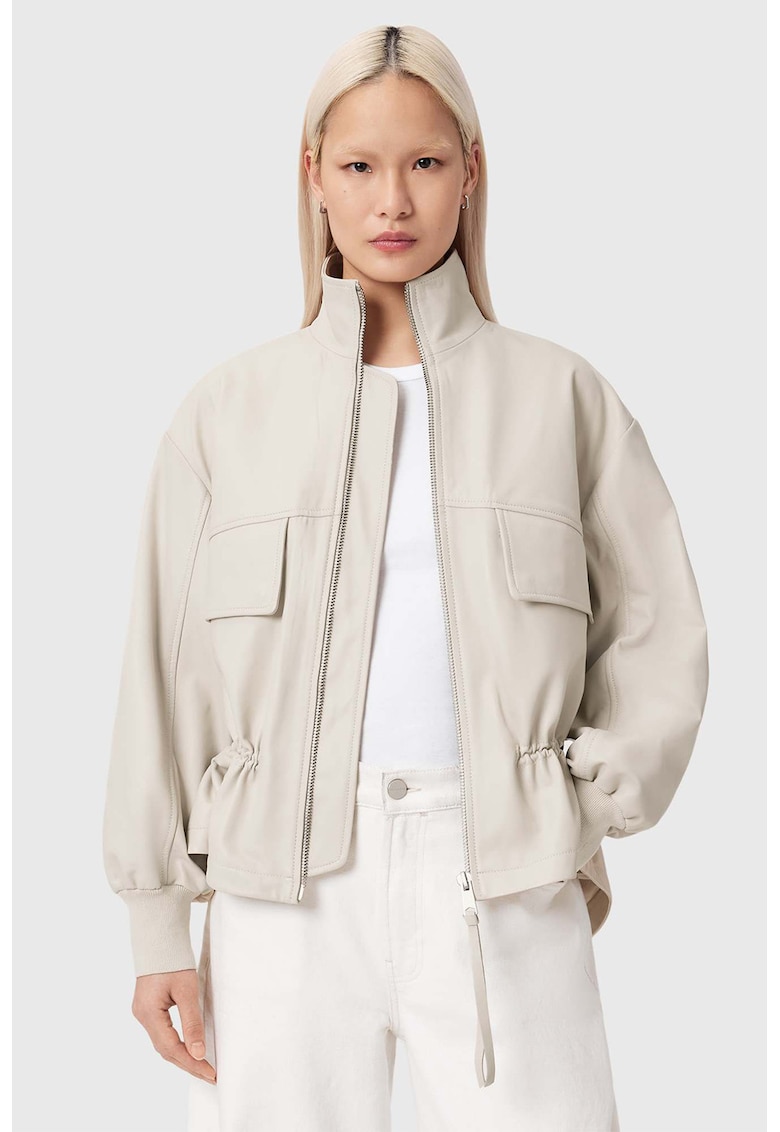 Jacheta de piele cu guler inalt Flor - Alb fildes