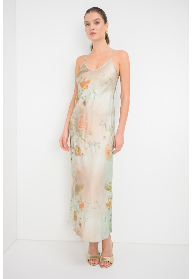 Rochie-furou cu model floral Bryony - Maro camel/Verde pastel