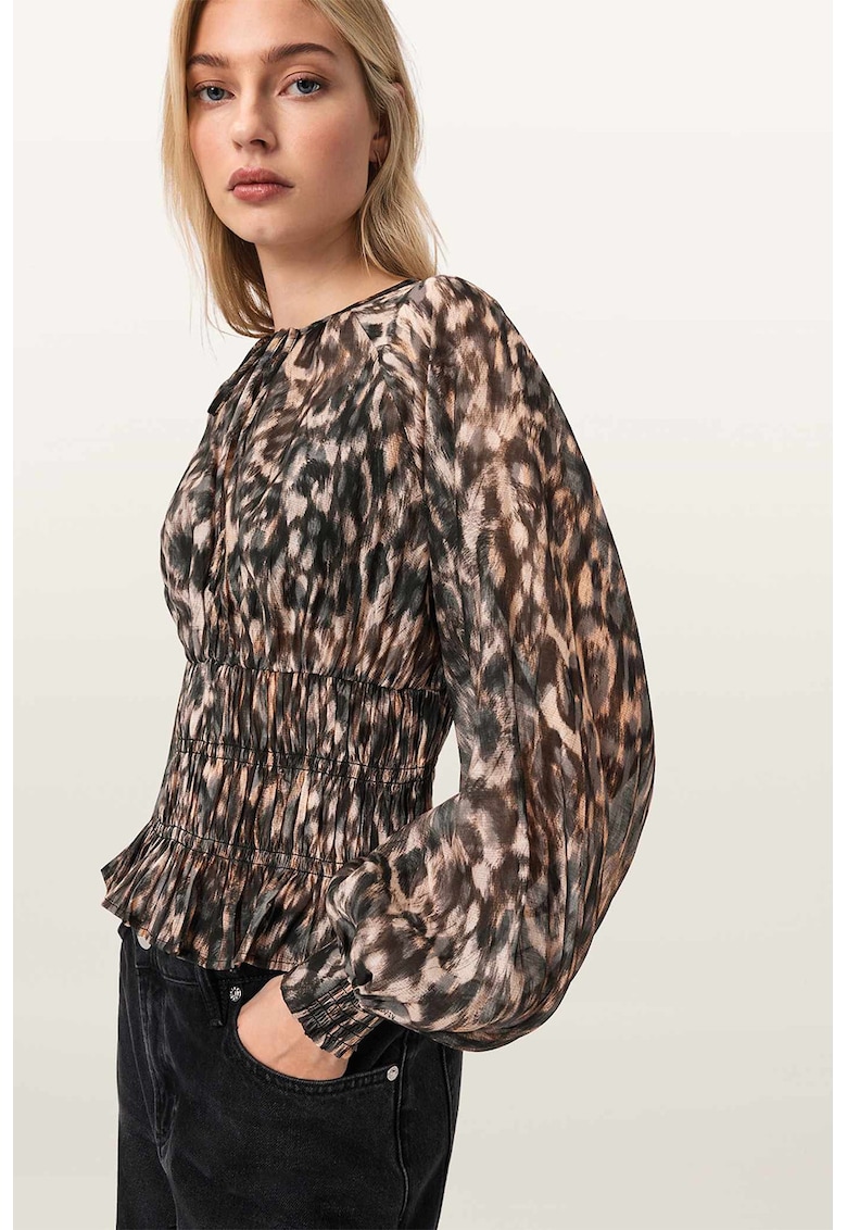 Bluza din amestec de matase cu insertie elastica si maneci bufante - Negru/Maro