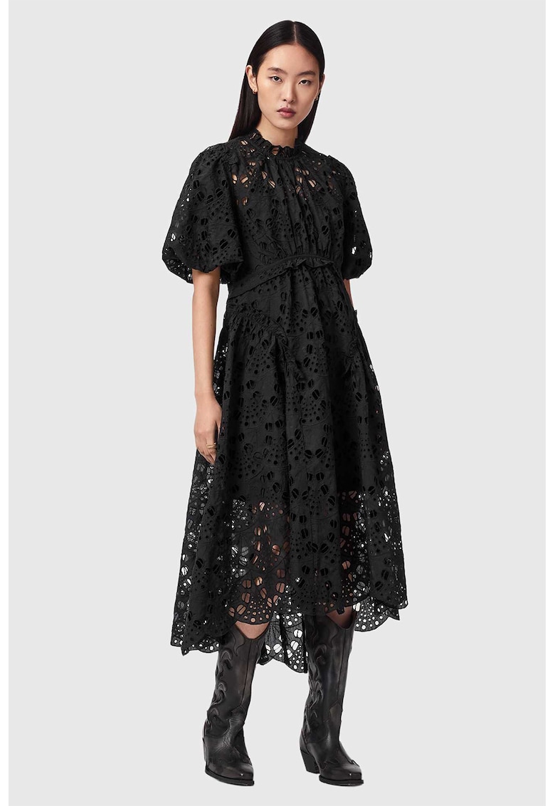 Rochie lunga cu model Sangallo si maneci bufante Odette - Negru