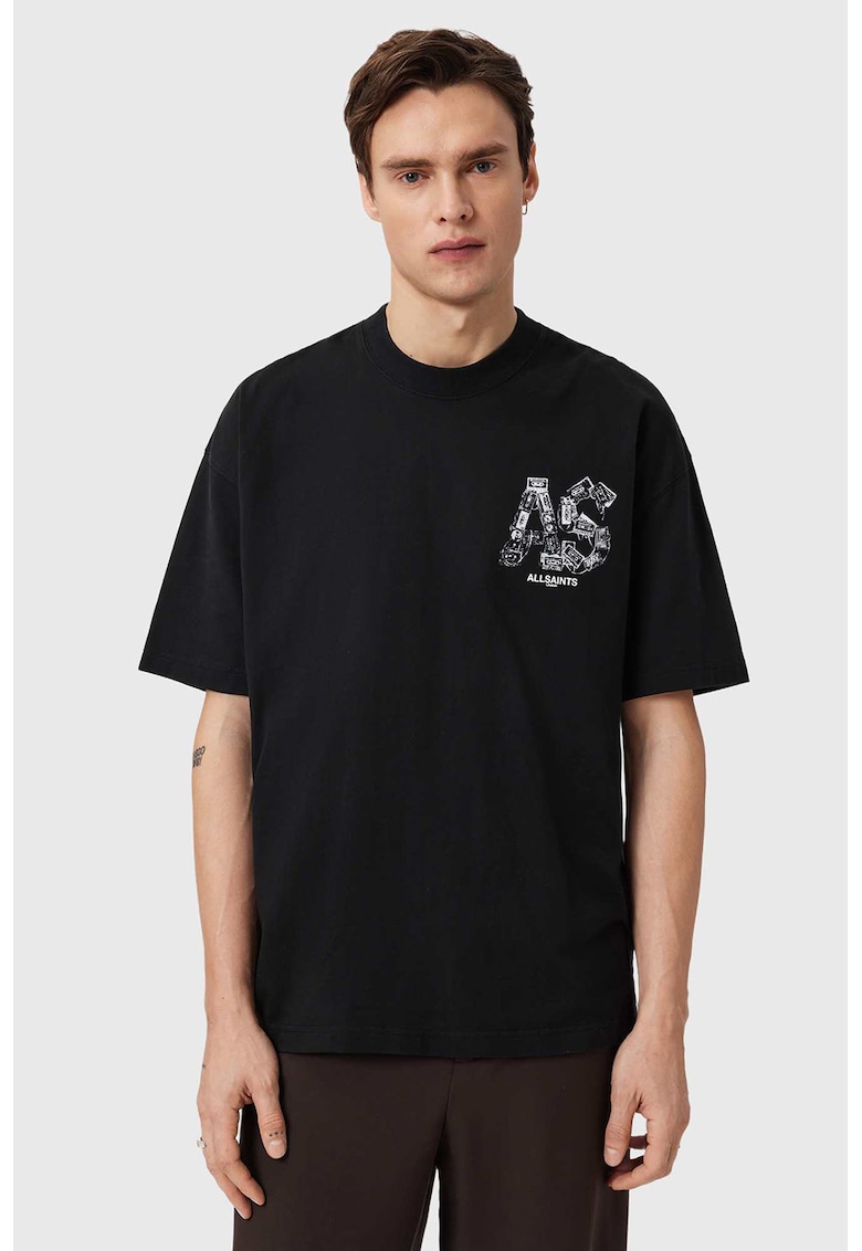 Tricou cu decolteu la baza gatului si logo supradimensionat - Alb/Negru