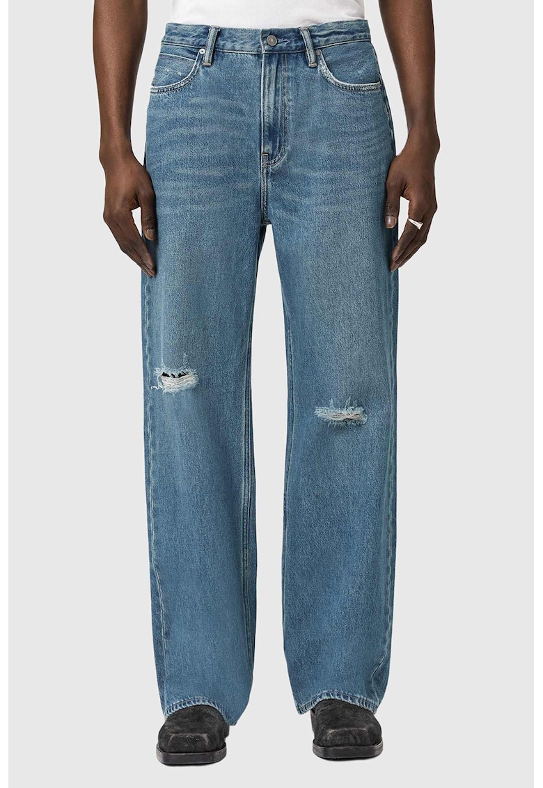 Blugi drepti cu aspect deteriorat - Albastru petrol