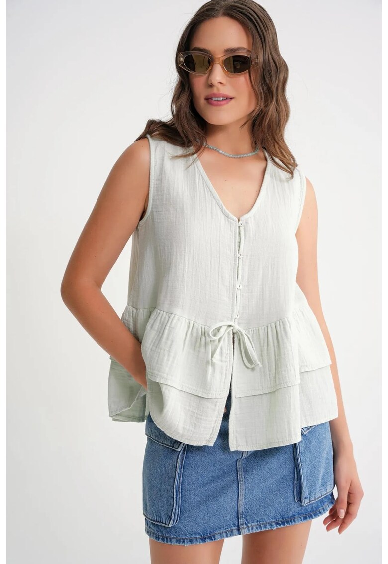 Tricou dama - bluza din bumbac cu nasturi - verde salvie - textil