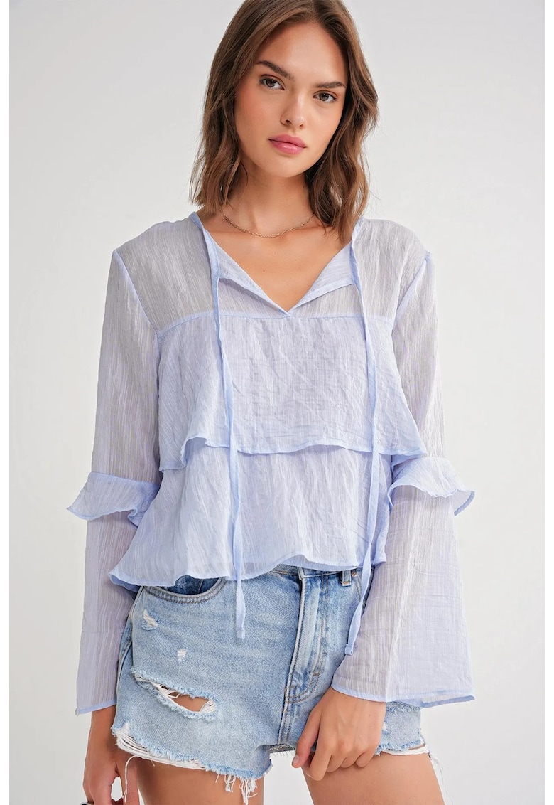 Bluza dama - cu volane si detaliu funda - albastru deschis - textil