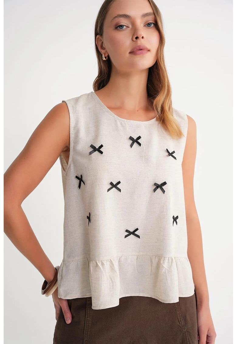 Tricou dama guler rotund - detaliu funda - bej natural - textil
