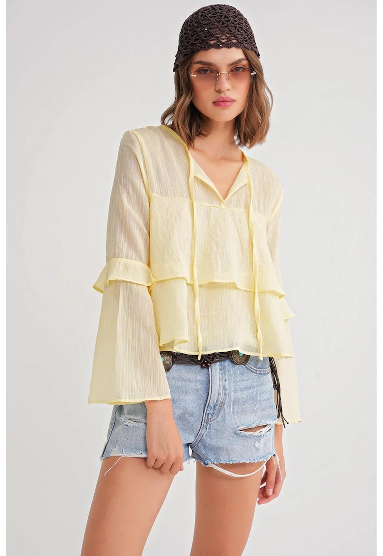 Bluze dama - Bluza cu volane si detaliu funda - Galben Lamaie - Textil
