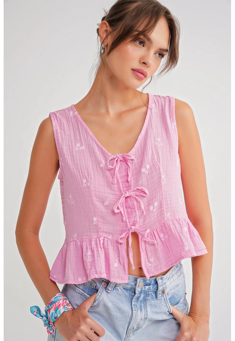 Maiou dama - crop - decolteu in V - roz pudrat - textil