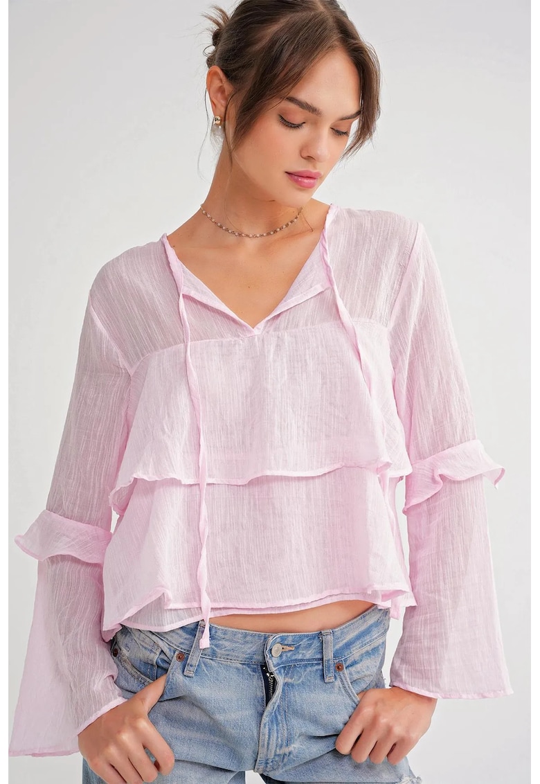 Bluza dama - Bluza cu volane si detaliu funda - roz pudrat - textil