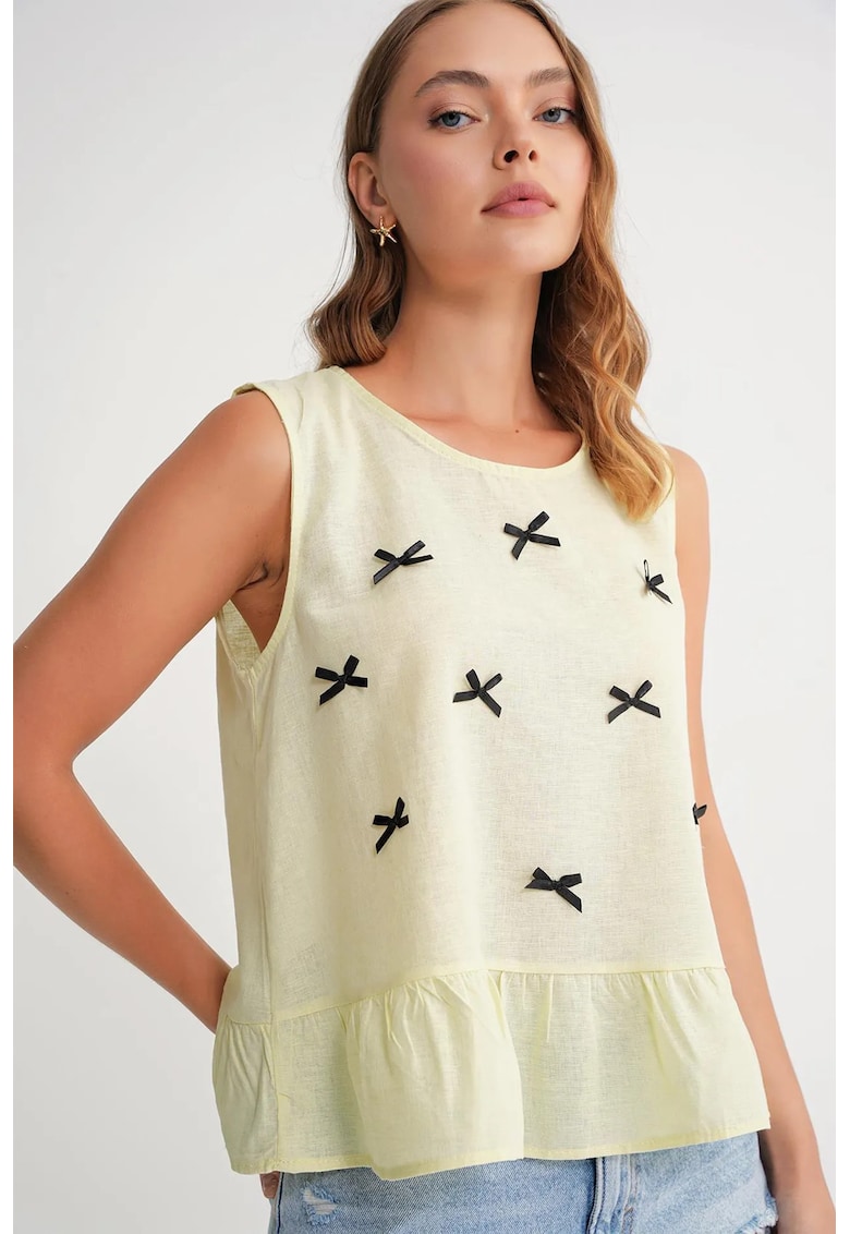 Tricou dama - guler rotund - detaliu funda - galben lamaie - textil