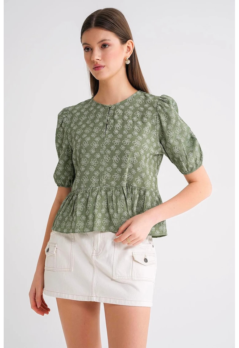 Tricou dama - cu guler cret si volane - verde kaki - textil