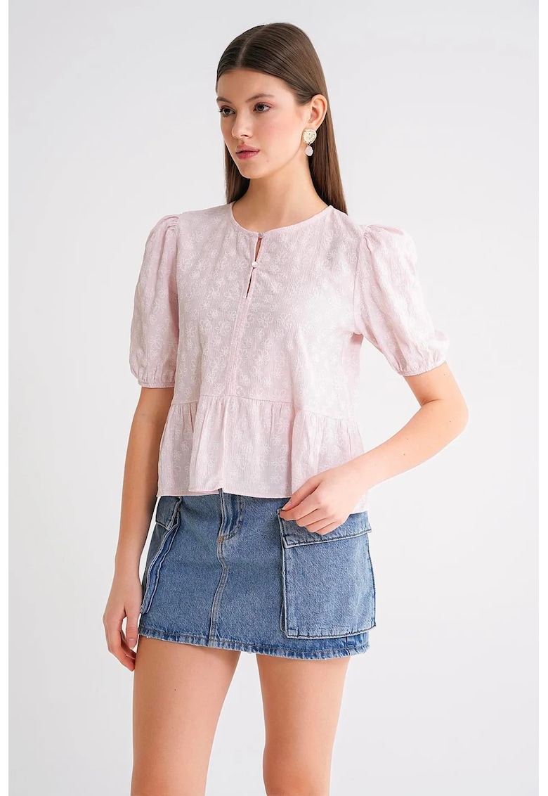 Tricou dama - cu guler creponat - roz pudrat - textil