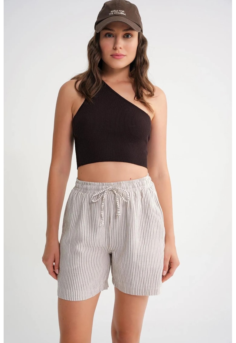 Pantaloni scurti dama - cu talie inalta - dungi - maro cafea/alb - textil