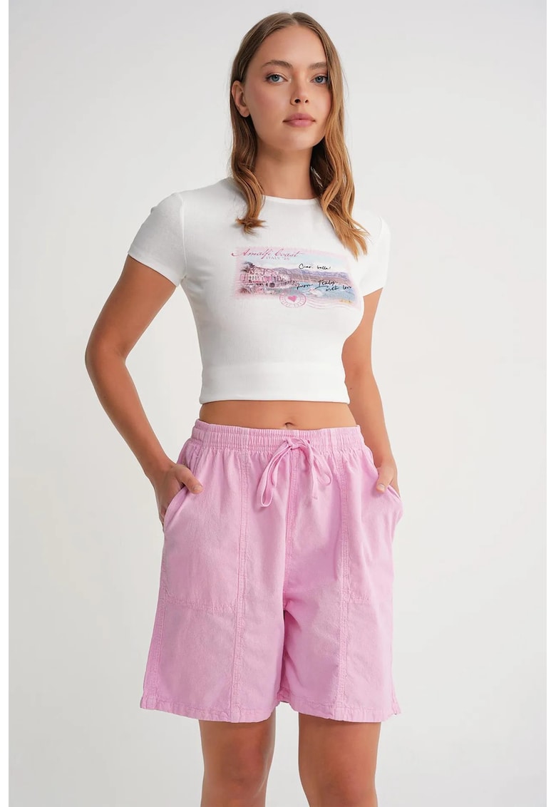 Pantaloni scurti dama - mini - talie inalta - roz pudrat - bumbac