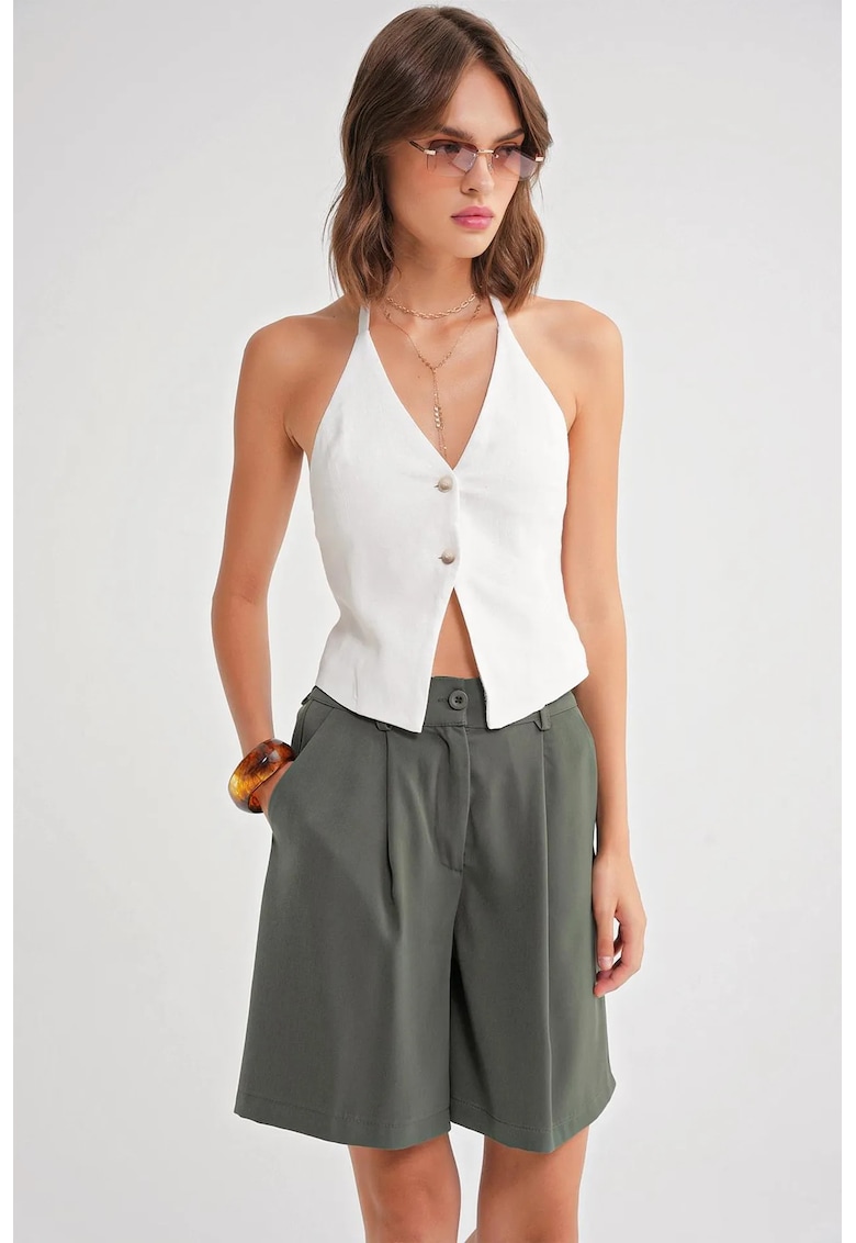 Pantaloni scurti dama - talie inalta - buzunare cu nasturi - verde kaki - textil