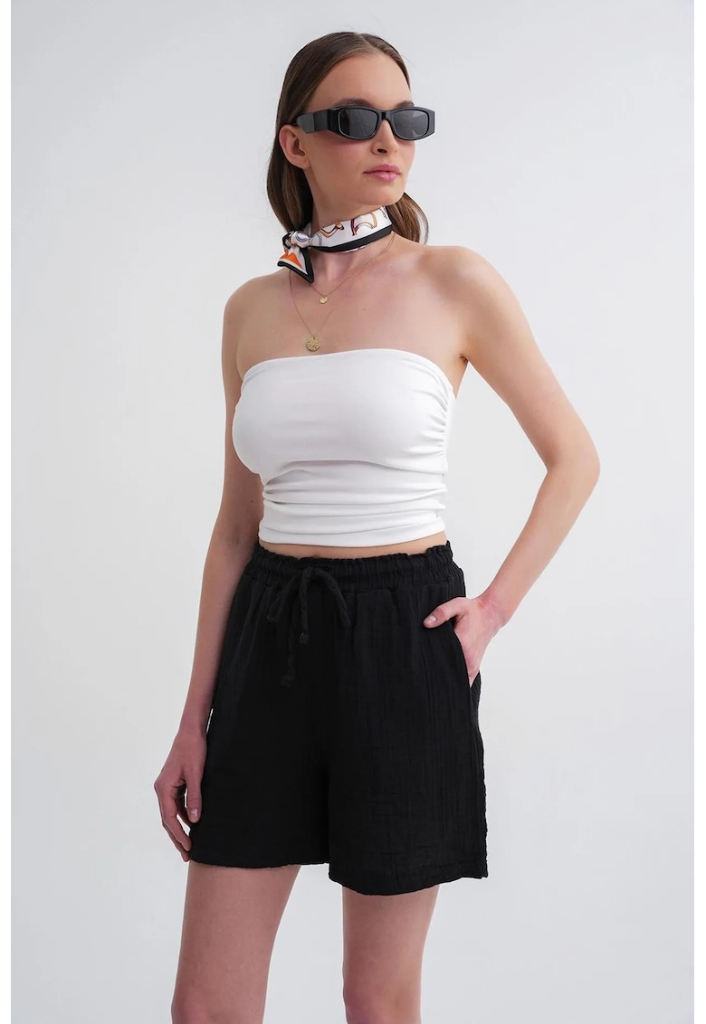 Pantaloni scurti dama - bumbac texturat - talie inalta - negru