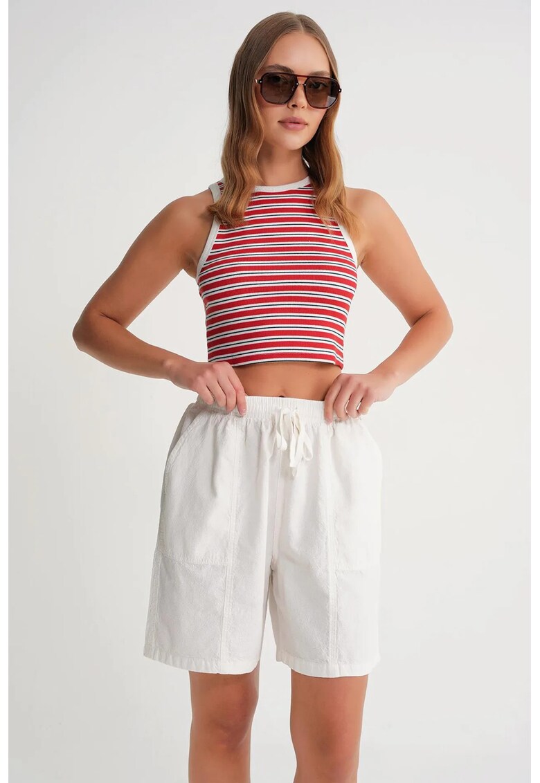 Pantaloni scurti dama - talie inalta - snur - alb - bumbac