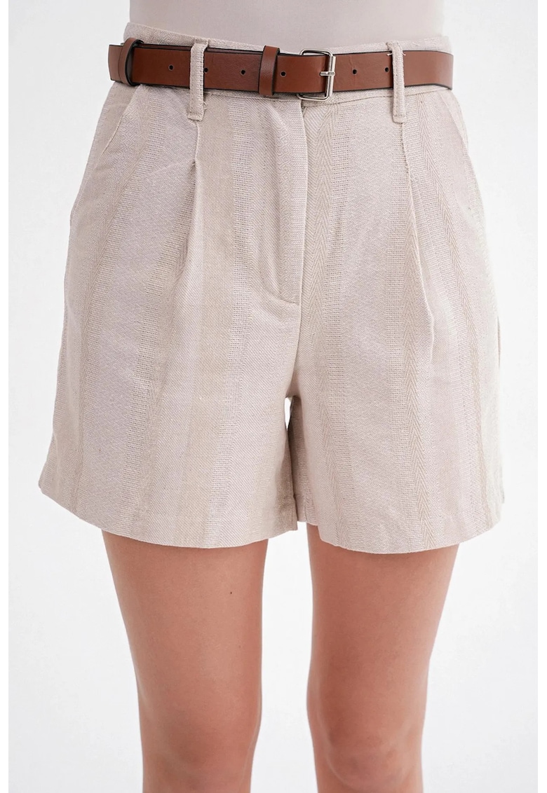 Mixray Pantaloni scurti dama - talie inalta - detaliu curea - natural - textil