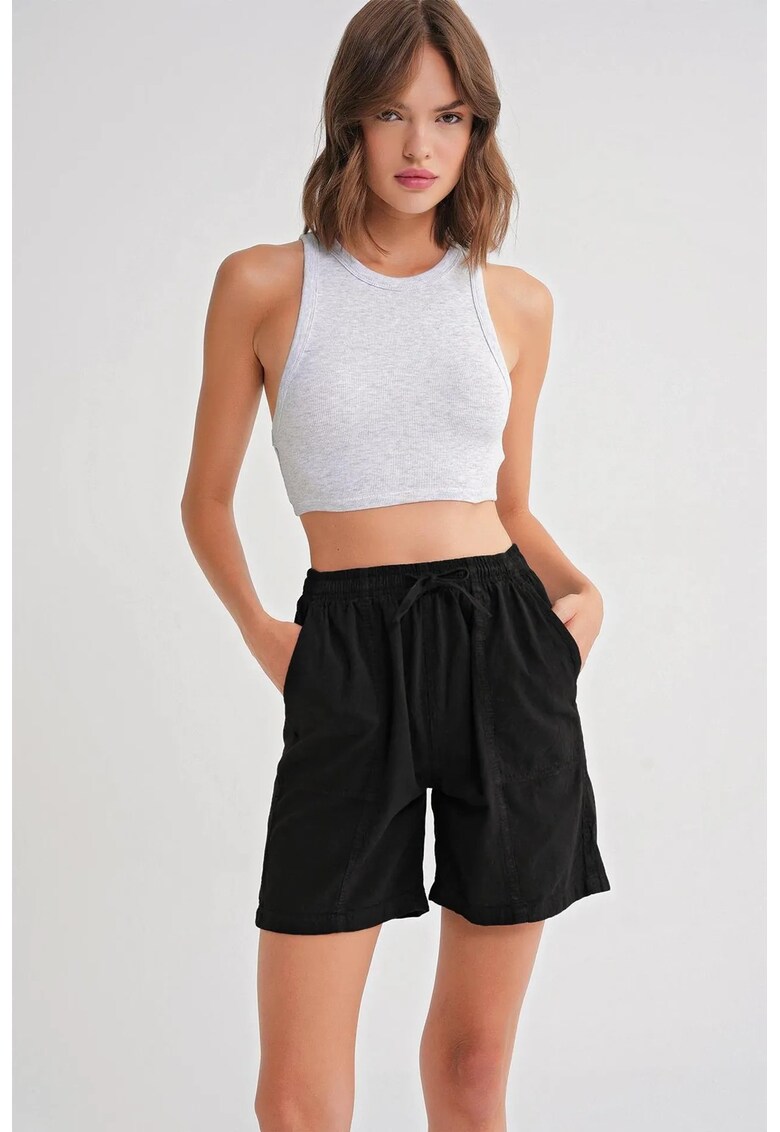 Pantaloni scurti dama - mini - talie inalta - negru - bumbac