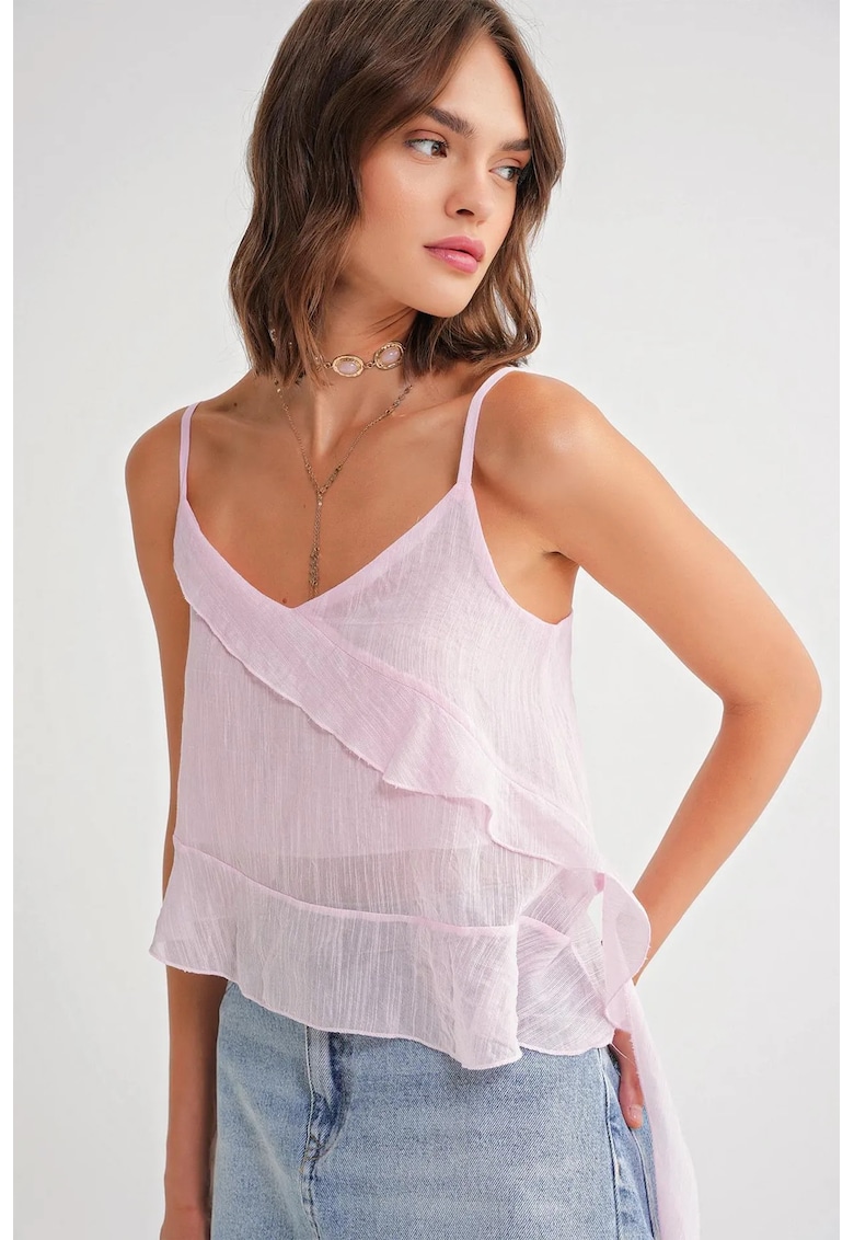 Top scurt texturat - volane - roz pudrat - textil