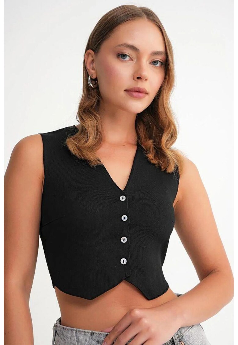 Vesta scurta - cu nasturi - decolteu in V - negru - tricot -