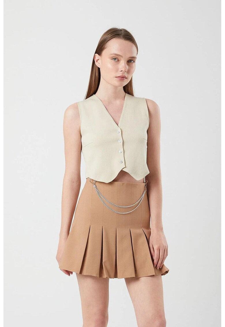 Fusta Midi Plisata cu Detaliu Lant - Piatra Naturala - Textil