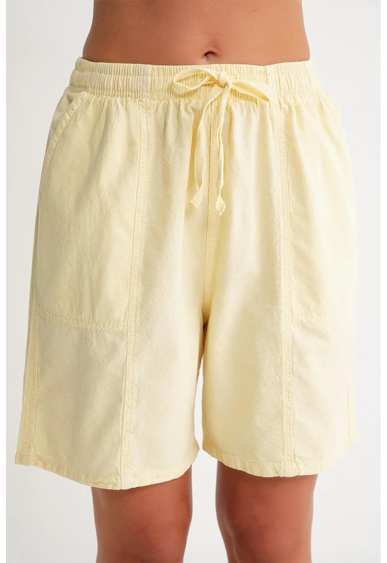 Pantaloni scurti dama - mini - talie inalta - galben lamaie - bumbac