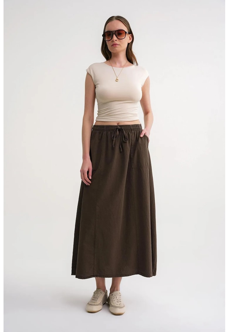 Fusta - Poplin cu talie inalta - detaliu cu snur - verde kaki