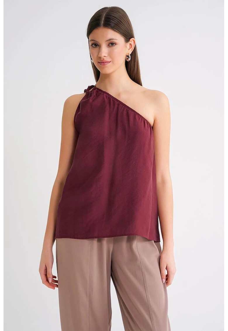 Top guler asimetric - detalii - rosu burgundy - textil