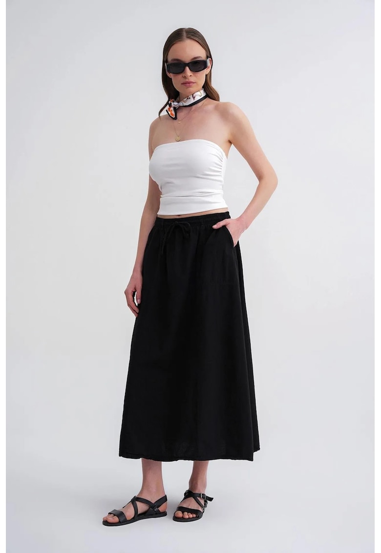 Fusta - talie inalta - detaliu cu snur - negru - textil