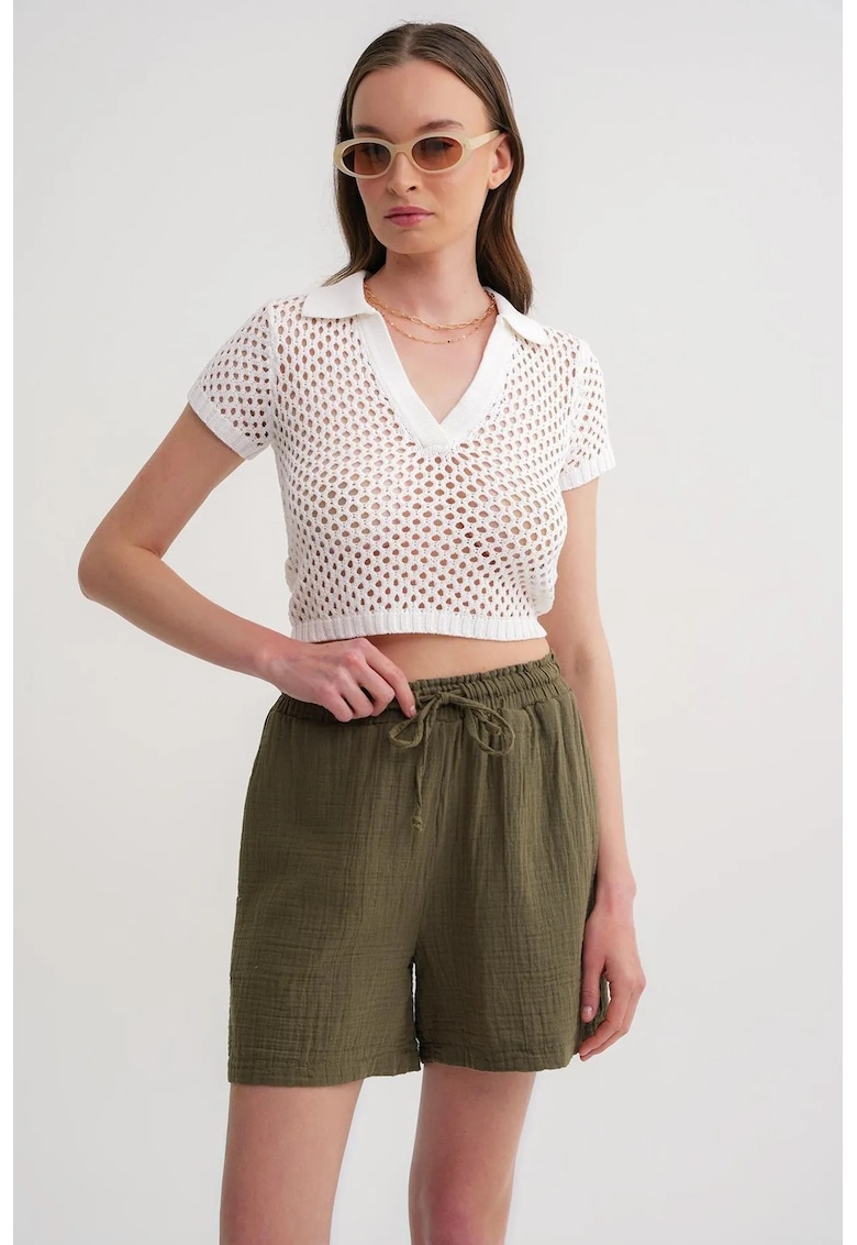 Pantaloni scurti dama - bumbac texturat - verde kaki - talie inalta