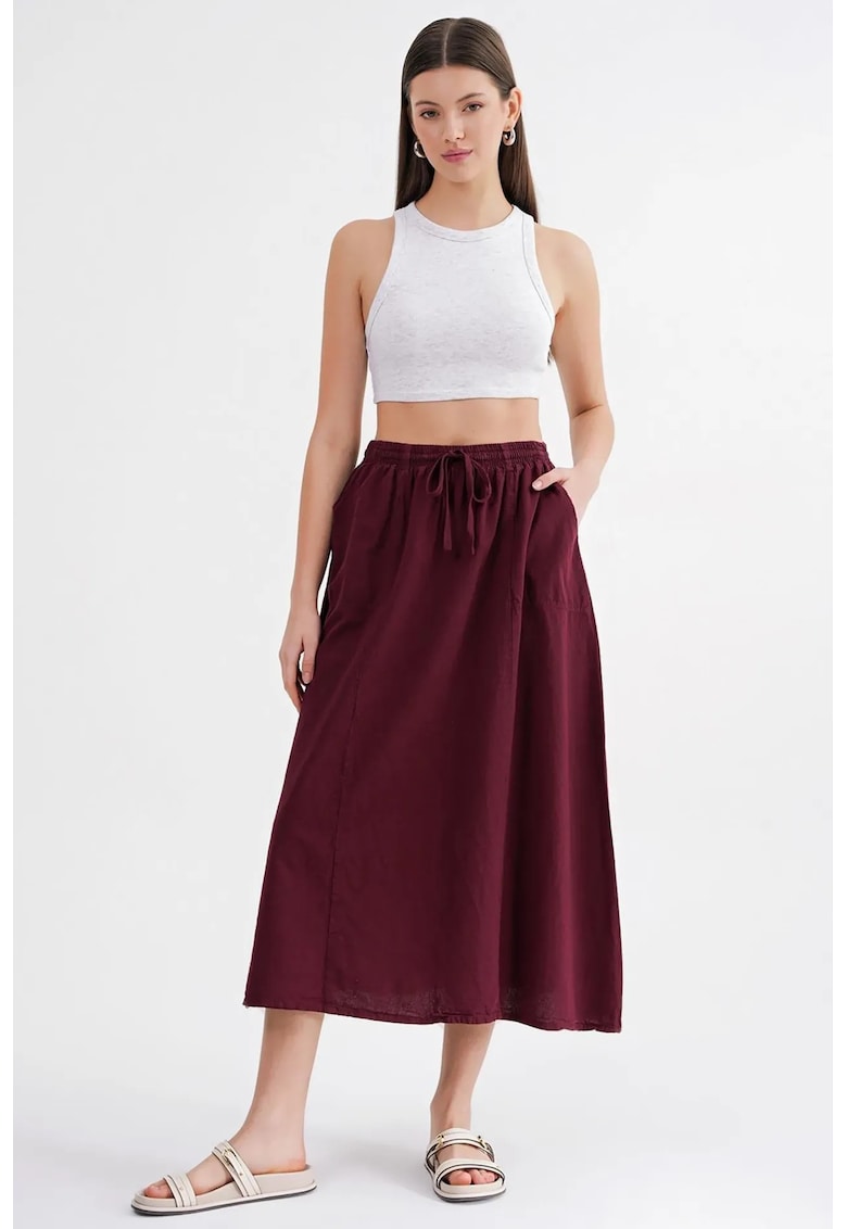 Fusta cu talie inalta - detaliu snur - rosu burgund - textil