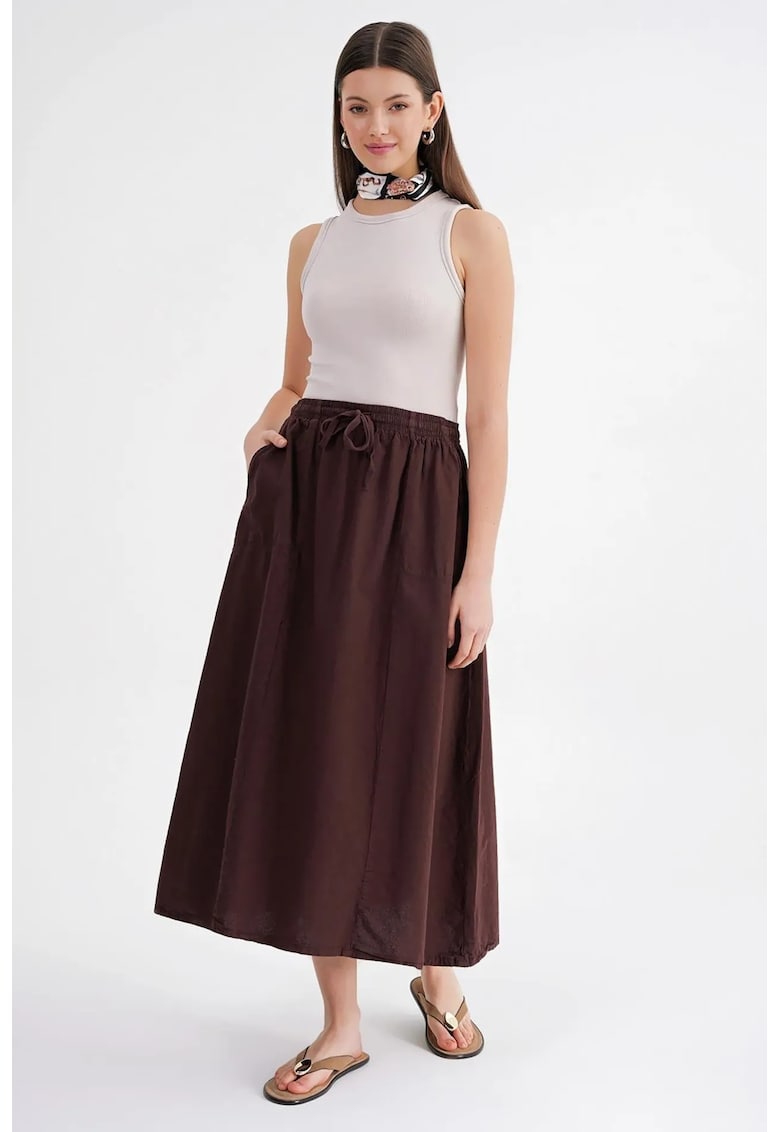 Fusta din poplin cu talie inalta - maro cafea - textil