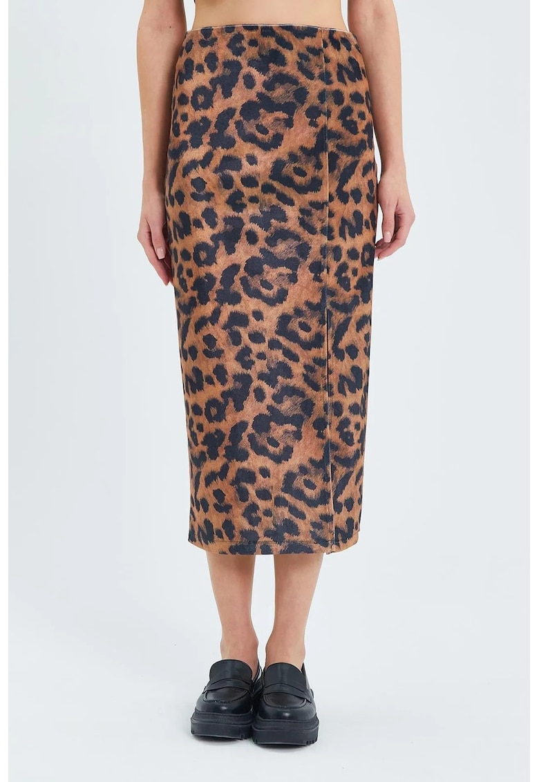 Fusta Midi - cu Talie Inalta - Imprimeu Leopard - Multicolor -