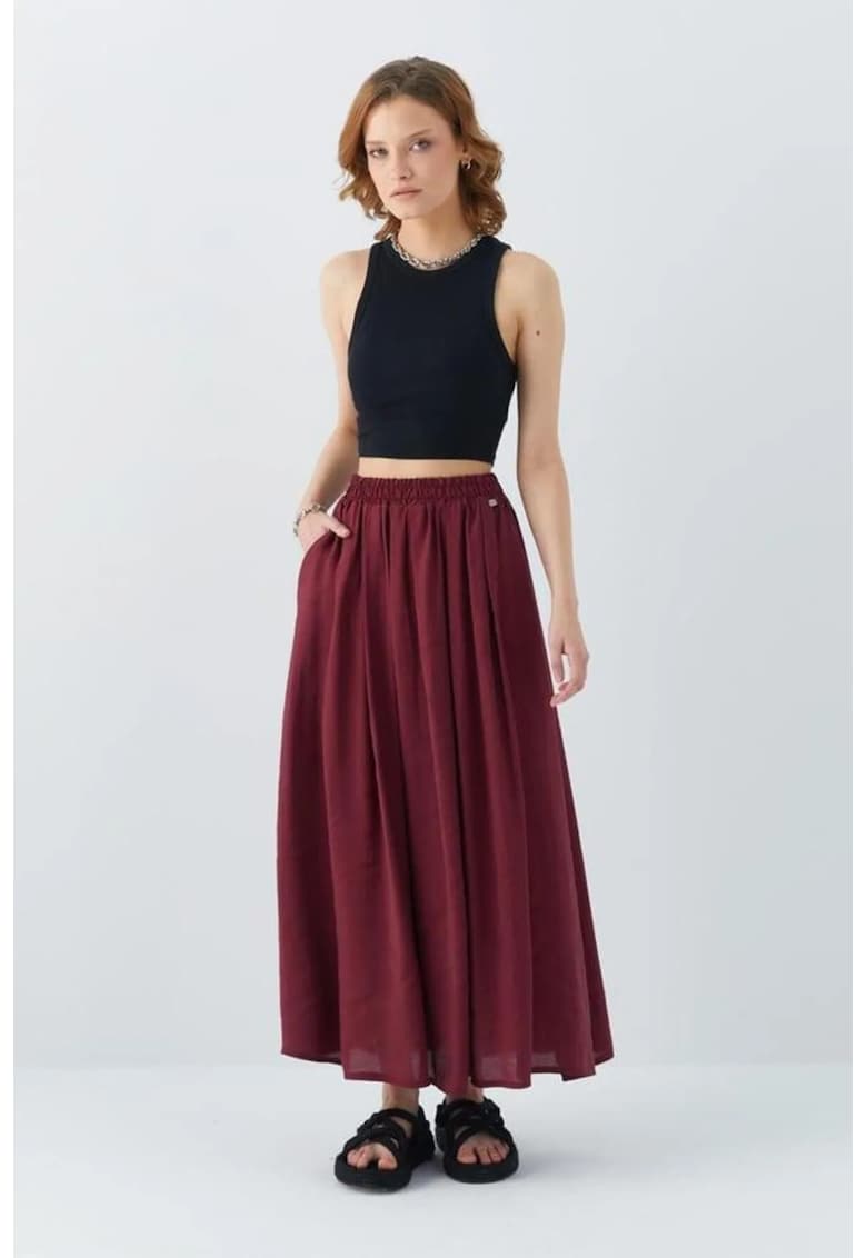 Fusta lunga talie inalta - buzunare - rosu ciresiu - textil