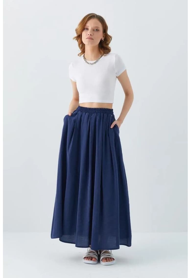 Fusta lunga cu talie inalta si buzunare - bleumarin - textil -