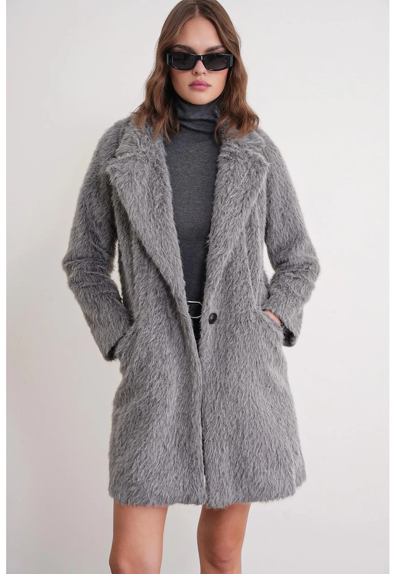 Palton lung texturat gri - material textil