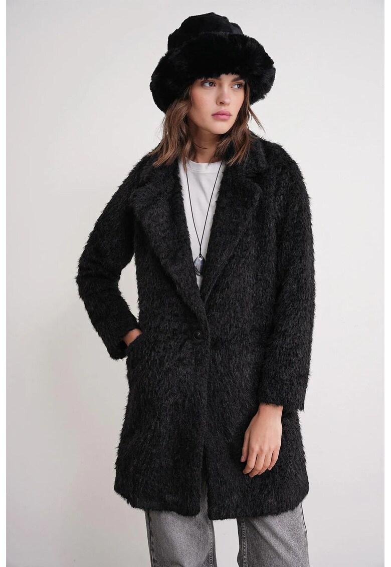 Palton lung texturat - guler de jacheta - negru - dama