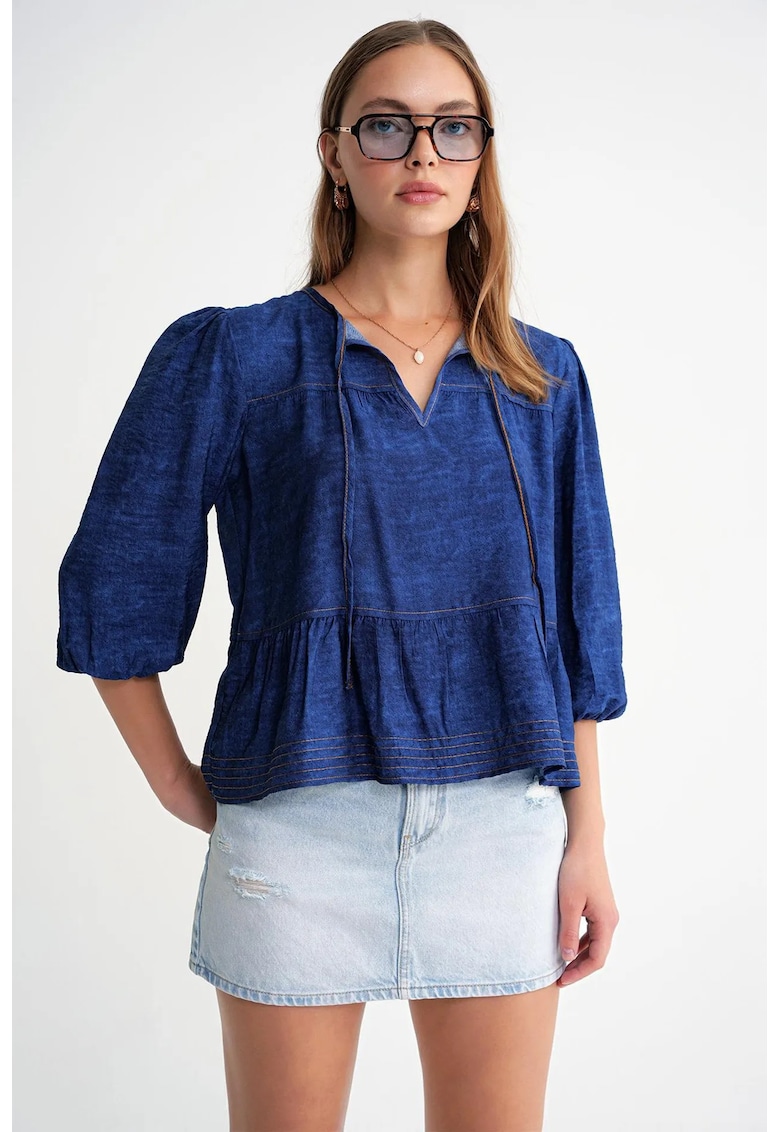 Bluza dama - denim - volane - maneci bufante - Albastru marin