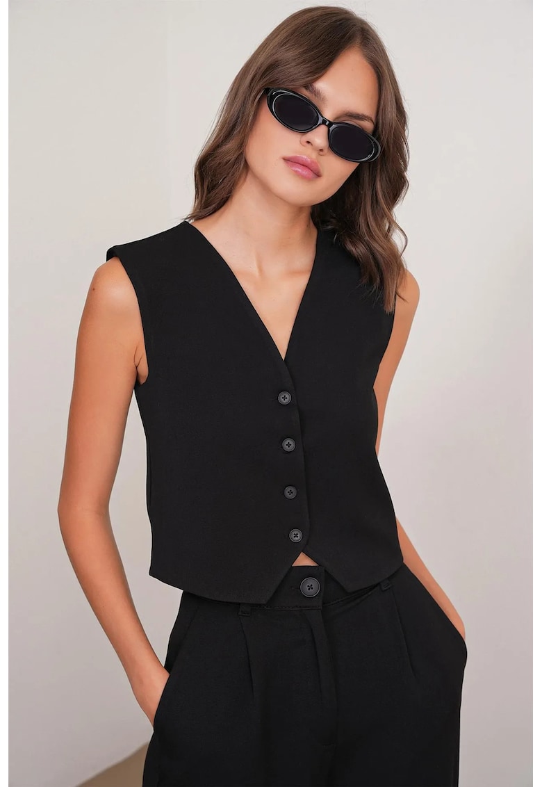 Top vesta cu nasturi - decolteu in V - negru - textil